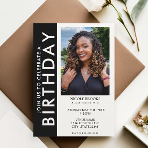 Invitation Black White Side Stripe Photo 50e fête d'anniversa