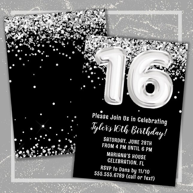 Invitation Black White Silver 16e fête d'anniversaire (Black and White 16th Birthday Party Invitation)