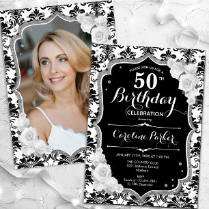 Invitation Black White Silver Damask Photo 50th Birthday