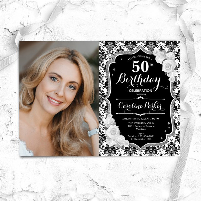 Invitation Black White Silver Damask Photo 50th Birthday (Créateur téléchargé)