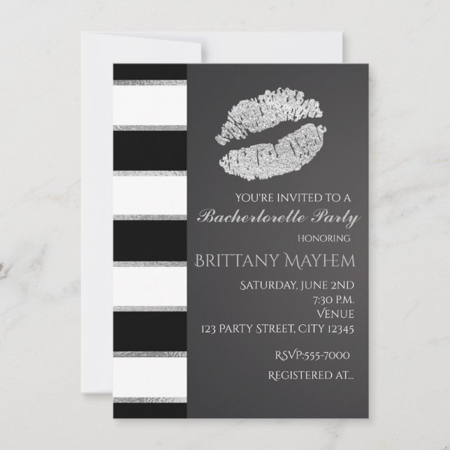 Invitation Black White & Silver Faux Shimmer Lèvres Kiss Part (Devant)