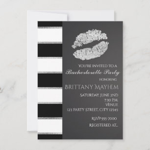 Invitation Black White & Silver Faux Shimmer Lèvres Kiss Part