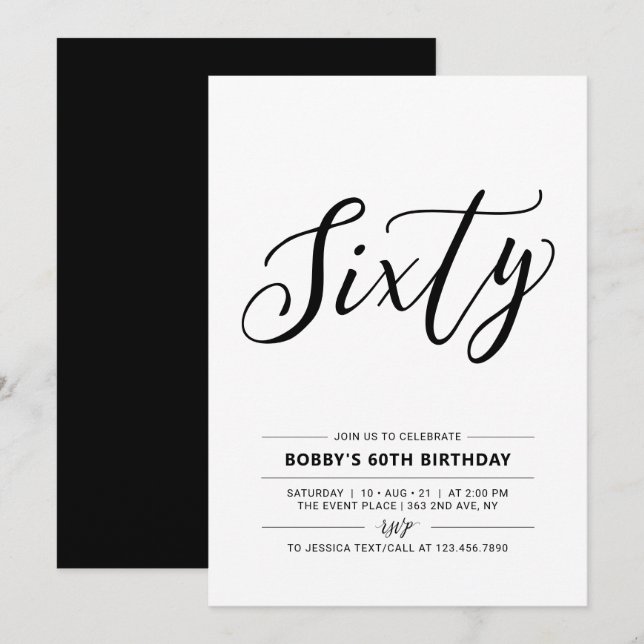 Invitation Black & White Soixante minimum 60e fête d'annivers (Devant / Derrière)