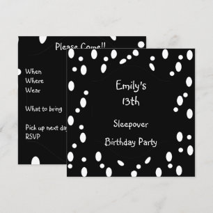 Invitation Black White Spots 13e anniversaire Sleepover