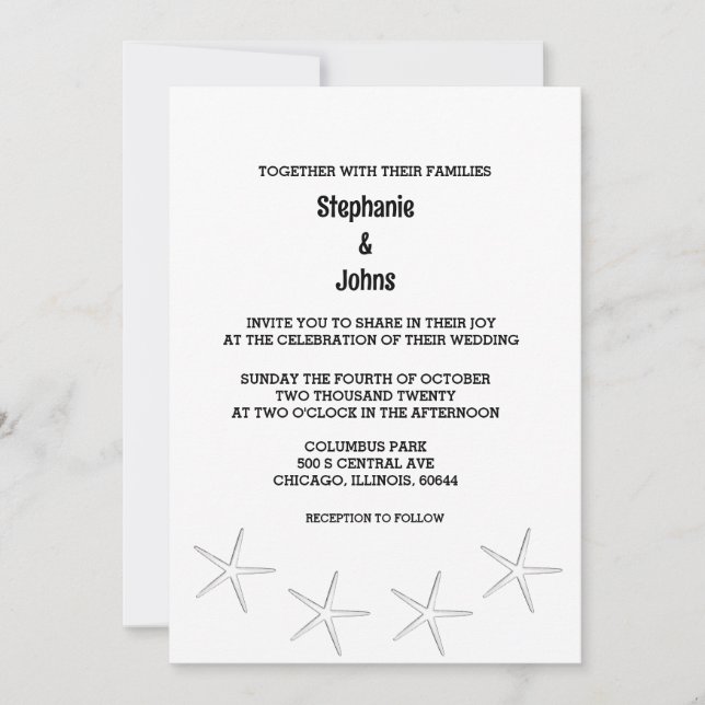 Invitation Black White Starfish Beach Destination Mariage (Devant)