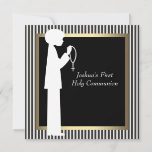 Invitation Black White Stripe Rosary Boys First Communion