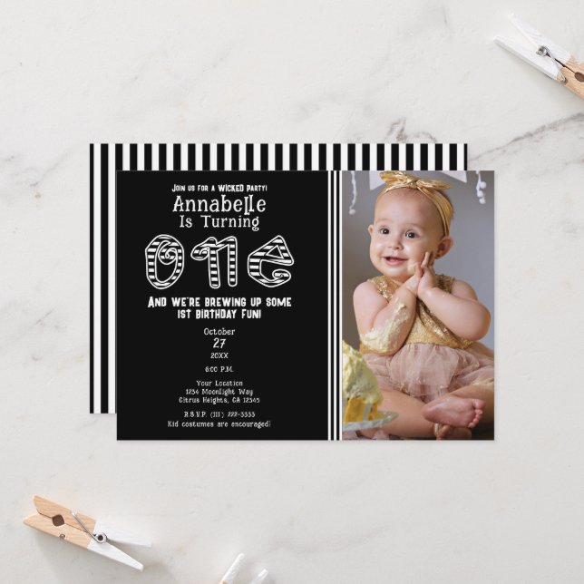 Invitation Black White Stripes Halloween Photo 1ER Anniversai (Devant/Arrière en situation)