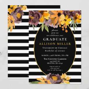 Invitation Black White Stripes Jaune Floral Graduation Party