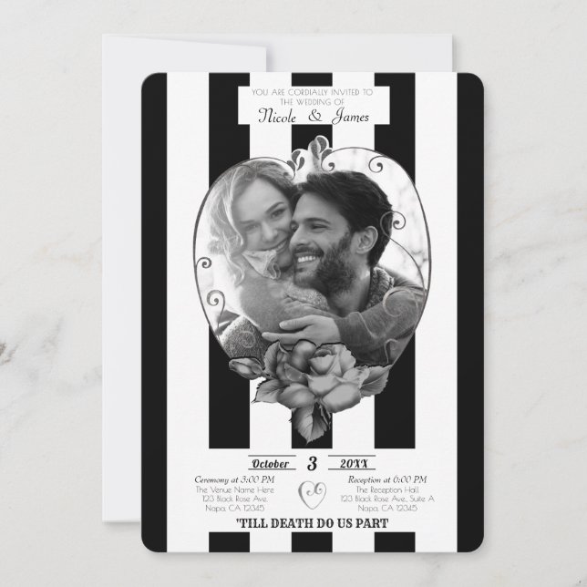 Invitation Black White Stripes Photo Mariage Mariage gothique (Devant)