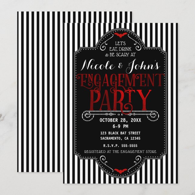 Invitation Black White Stripes Red Gothic Engagement (Devant / Derrière)