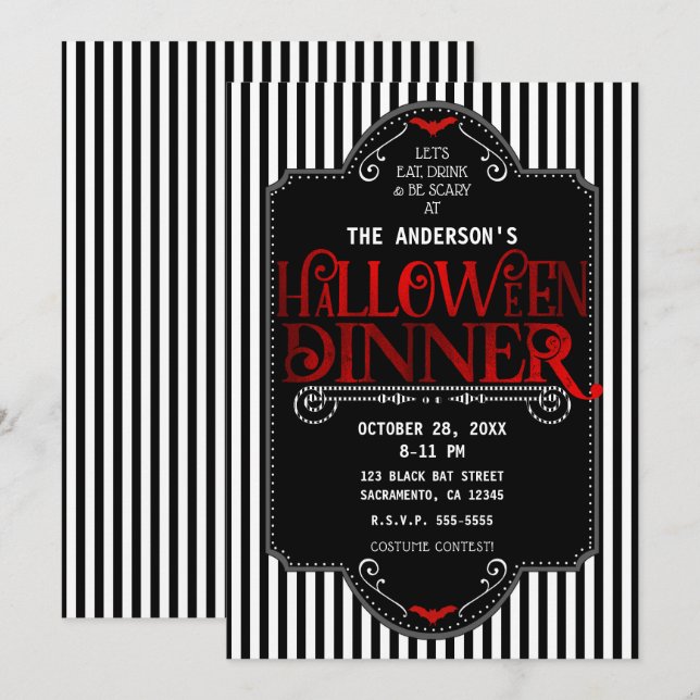 Invitation Black White Stripes Red Gothique Dîner d'Halloween (Devant / Derrière)