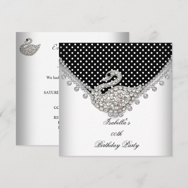 Invitation Black White Swan Élégante fête d'anniversaire (Devant / Derrière)