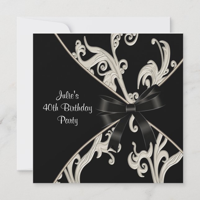 Invitation Black White Swirl Womans 40e fête d'anniversaire (Devant)
