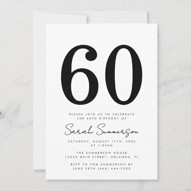 Invitation Black White Typography Sixty 60th Birthday Party (Devant)