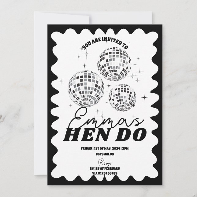 Invitation Black White Wavy Bachelorette Party Hen Itinéraire (Devant)