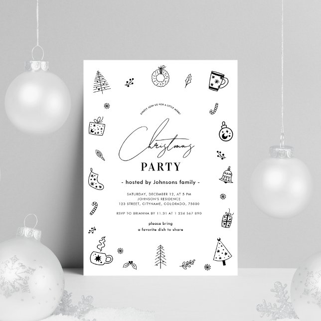 Invitation Black White Whimsical Scandinavian Christmas Party (Créateur téléchargé)