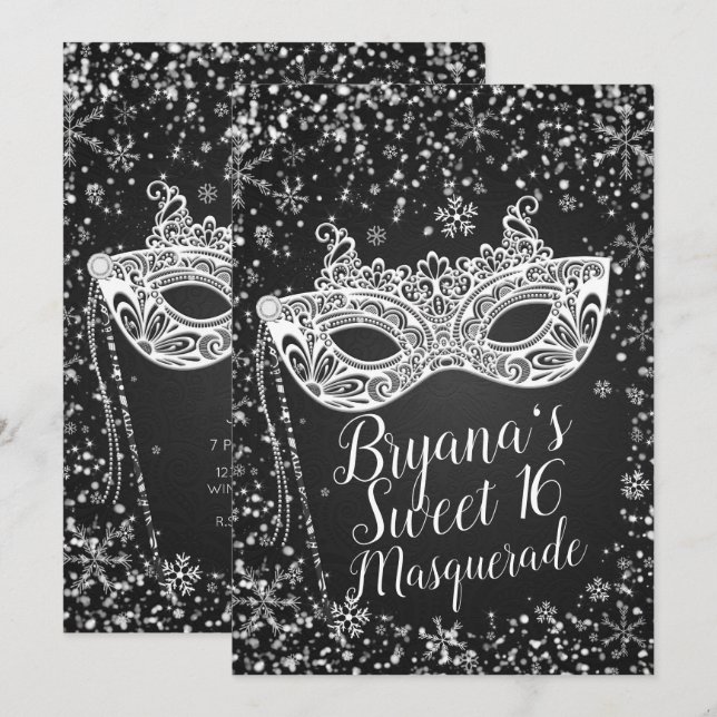 Invitation Black White Winter Wonderland Masquerade Sweet 16 (Devant / Derrière)