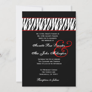 Invitation Black White Zebra Red Accents Mariage Z002