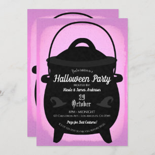 Invitation Black Witch Cauldron Pink Halloween Party