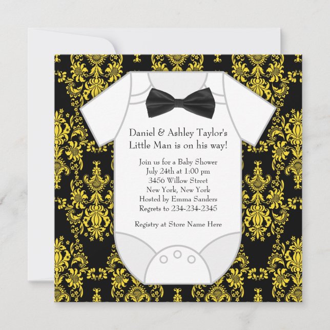 Invitation Black Yellow Damask Baby Boy Douche (Devant)