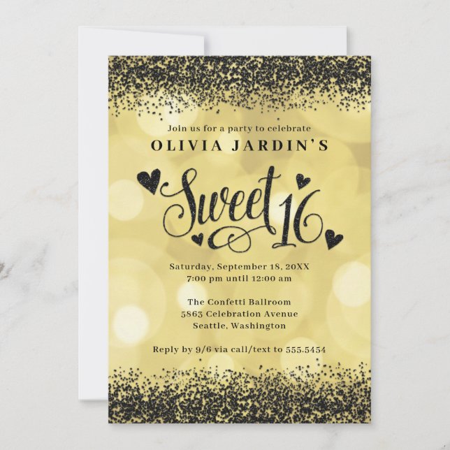 Invitation Black & Yellow Gold Glam Sweet 16 (Devant)