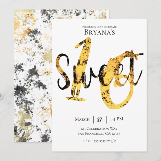 Invitation Black Yellow Gold Moderne Sweet 16 Anniversaire (Devant / Derrière)