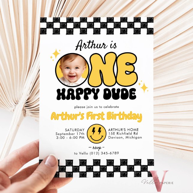 Invitation Black Yellow ONE HAPPY DUDE Photo Anniversaire Sup (Créateur téléchargé)