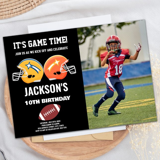 Invitation Black Yellow Orange Photo Football Anniversaire (Black Yellow Orange Photo Football Birthday Invitation)