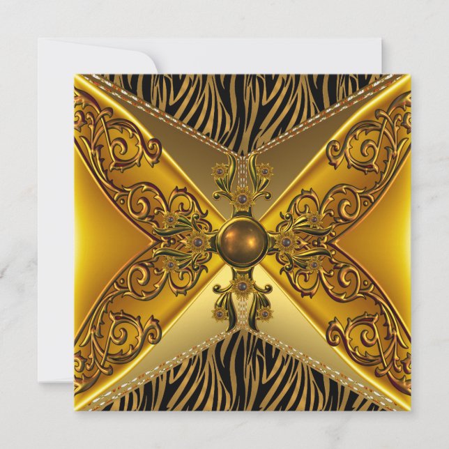 Invitation Black Zebra Stripe Floral Gold Jewel 50e anniversa (Devant)