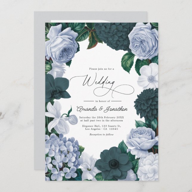 Invitation Blackened Teal, Mist Blue & Pearl White Wedding (Devant / Derrière)