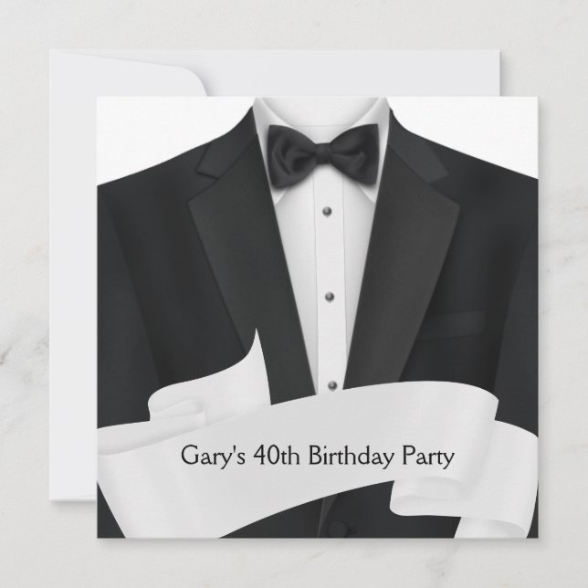 Invitation BlackTuxedo Mans Black White 40e fête d'anniversai (Devant)