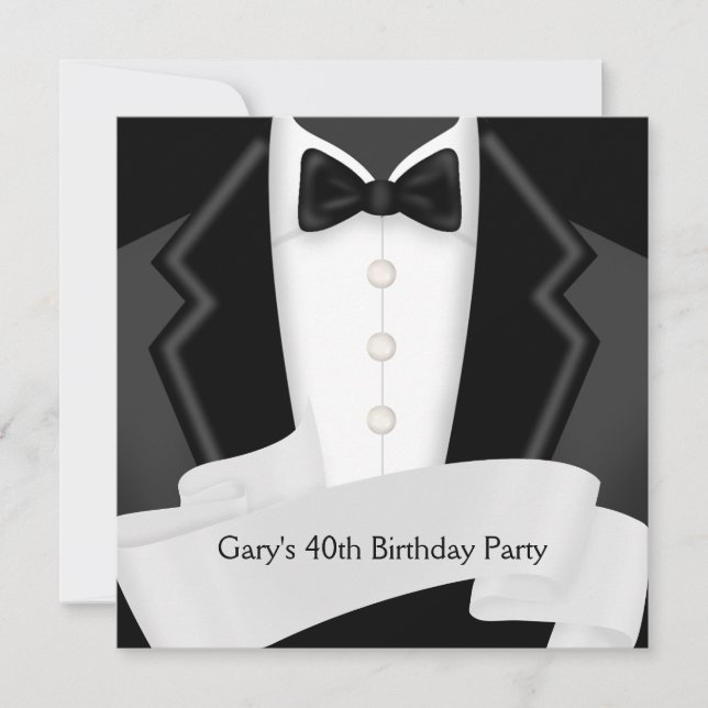 Invitation BlackTuxedo Mans Black White 40e fête d'anniversai (Devant)