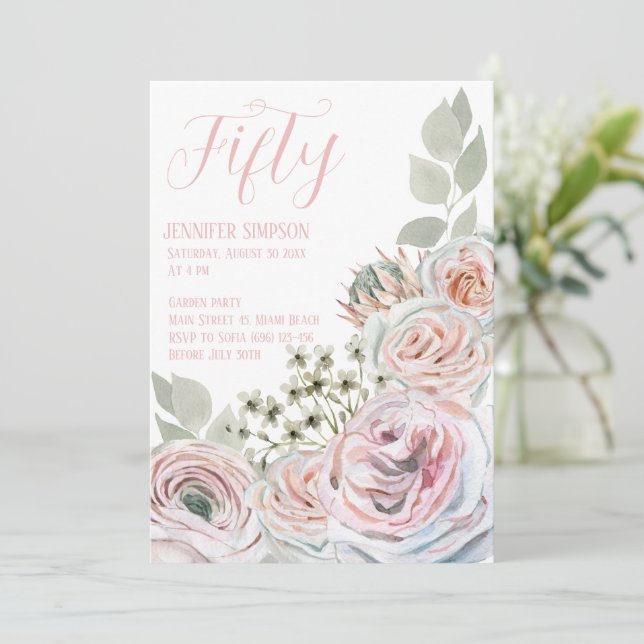 Invitation Blanc 50e féminin délicate aquarelle rose pâle (Debout devant)