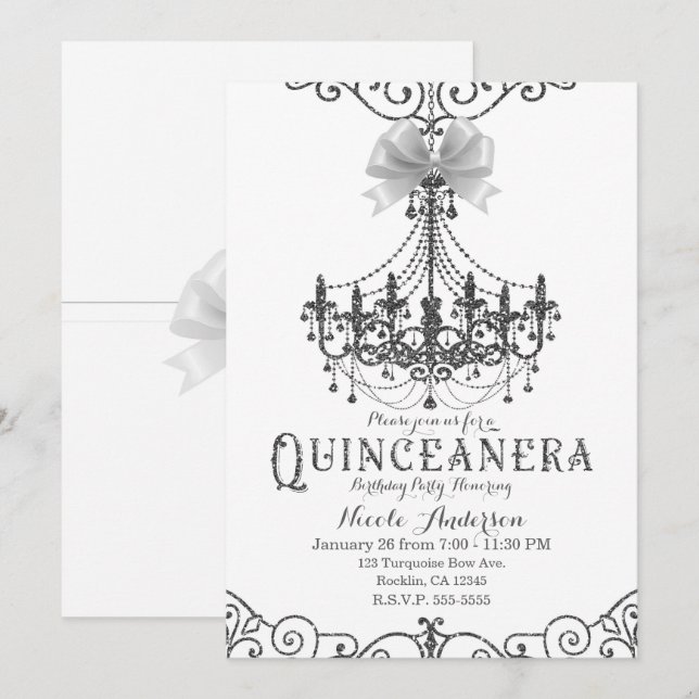 Invitation Blanc & Argent Blanc Bow Chic Quinceañera 15 15e (Devant / Derrière)