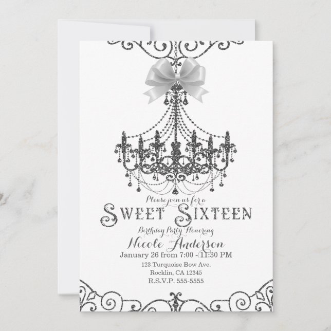 Invitation Blanc & Argent Blanc Bow Chic Sweet 16 Seteen (Devant)