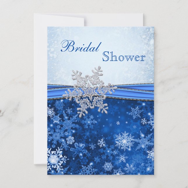Invitation Blanc, argent, Fête de la mariée bleue de flocons (Devant)