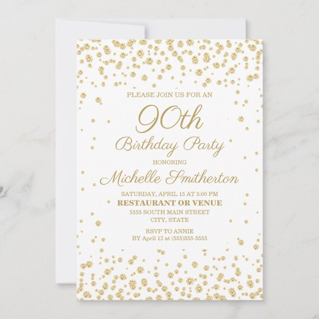Invitation Blanc avec Parties scintillant d'or 90ème annivers (Devant)