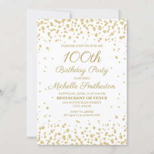 Invitation Blanc avec Parties scintillant or 100e fête d'anni
