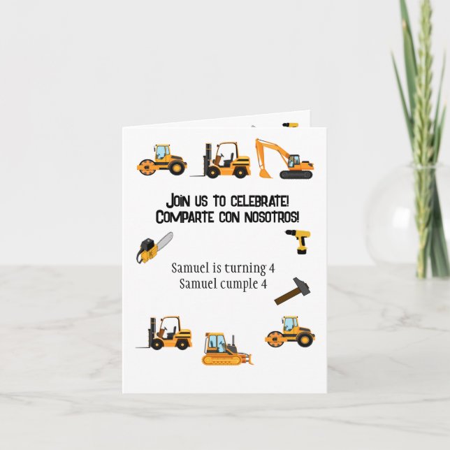 Invitation Blanc Bilingue Boy Anniversaire Fête Construction (Devant)