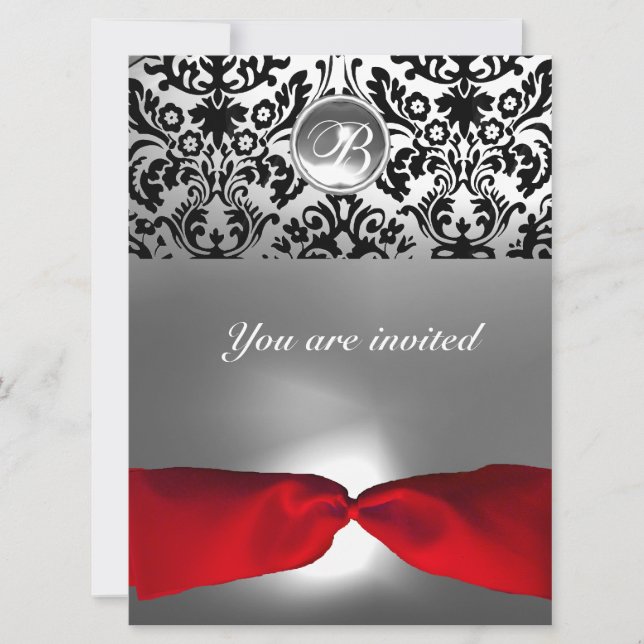 Invitation BLANC BLACK RIBBON DAMASK GEM STONE MONOGRAM r (Devant)