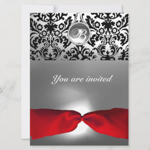 Invitation BLANC BLACK RIBBON DAMASK GEM STONE MONOGRAM r