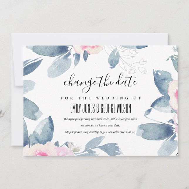 INVITATION BLANC BLEU BLEU MARIAGE FLORAL CHANGER LA DATE (Devant)