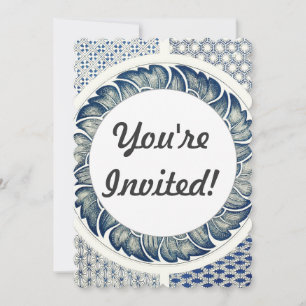 Invitation Blanc bleu Floral chinois rond