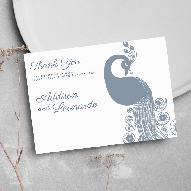 Invitation Blanc bleu roux paon royal élégant Merci (White dusty blue royal peacock elegant Thank You)
