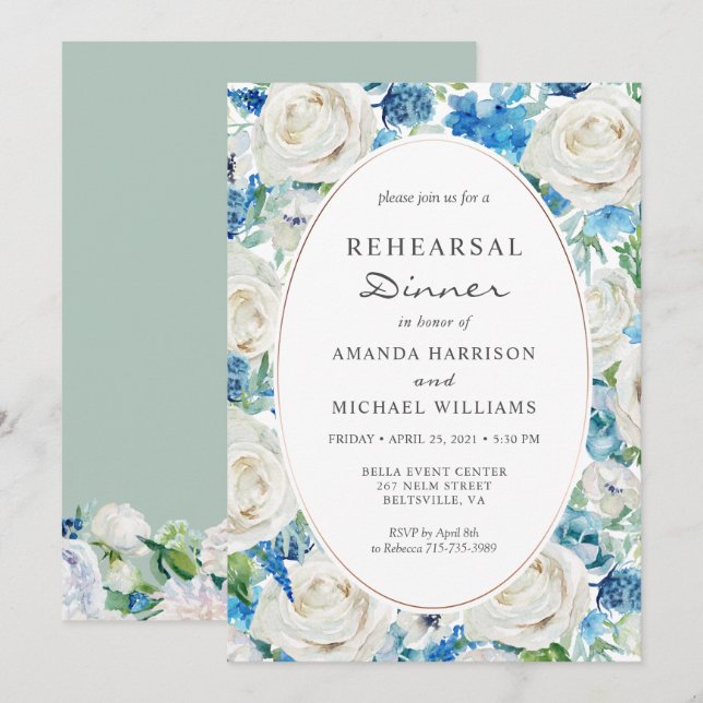 Invitation Blanc Bleu Sage Vert Floral Dîner de répétition (Devant / Derrière)