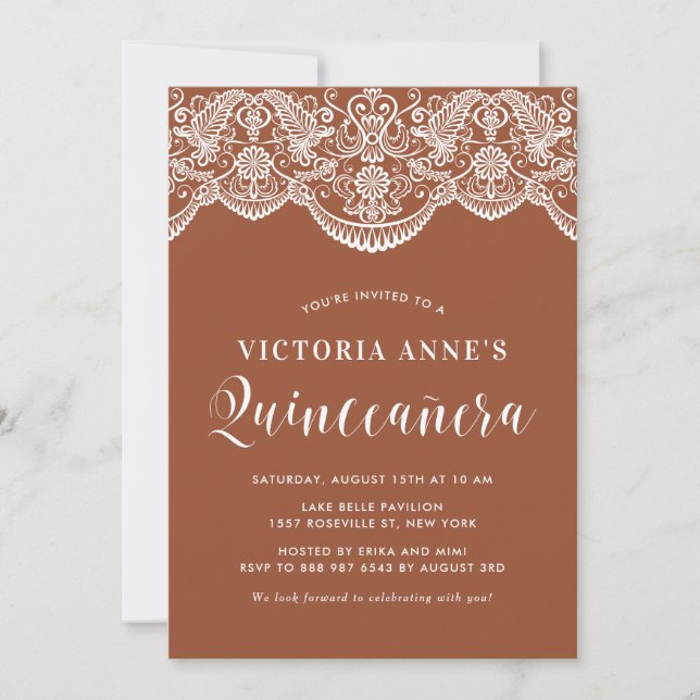 Invitation Blanc Brocade Lace Terracotta Quinceañera (Devant)