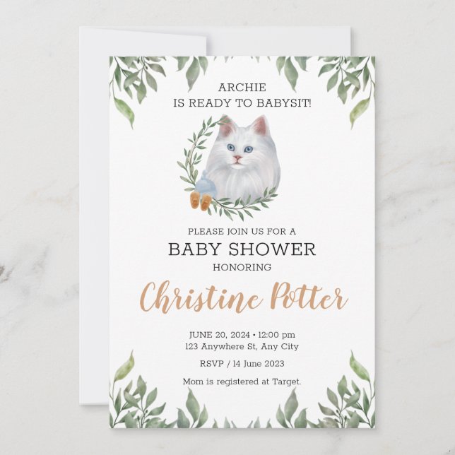 Invitation Blanc Chat Bleu Yeux Vert Baby shower Boho (Devant)