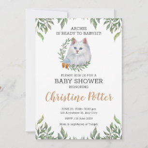 Invitation Blanc Chat Bleu Yeux Vert Baby shower Boho