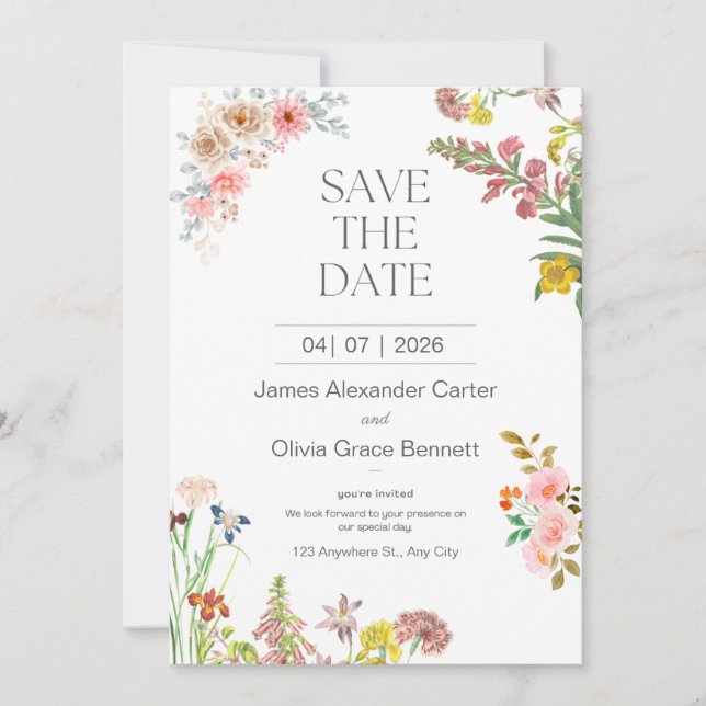 Invitation Blanc classique Floral Fleur sauvage Rustique (Devant)