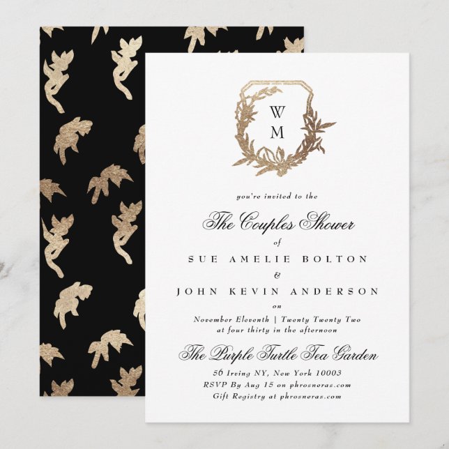 Invitation blanc classique noir motif or couple (Devant / Derrière)